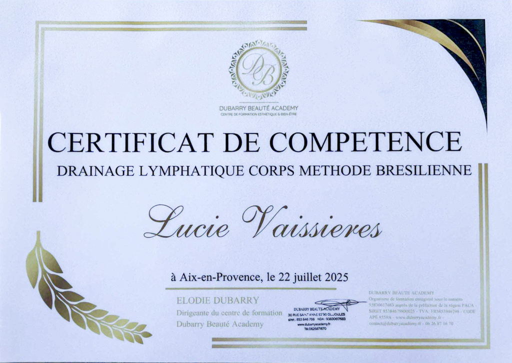 certificat de compétence du drainage lymphatique corps méthode brésilienne